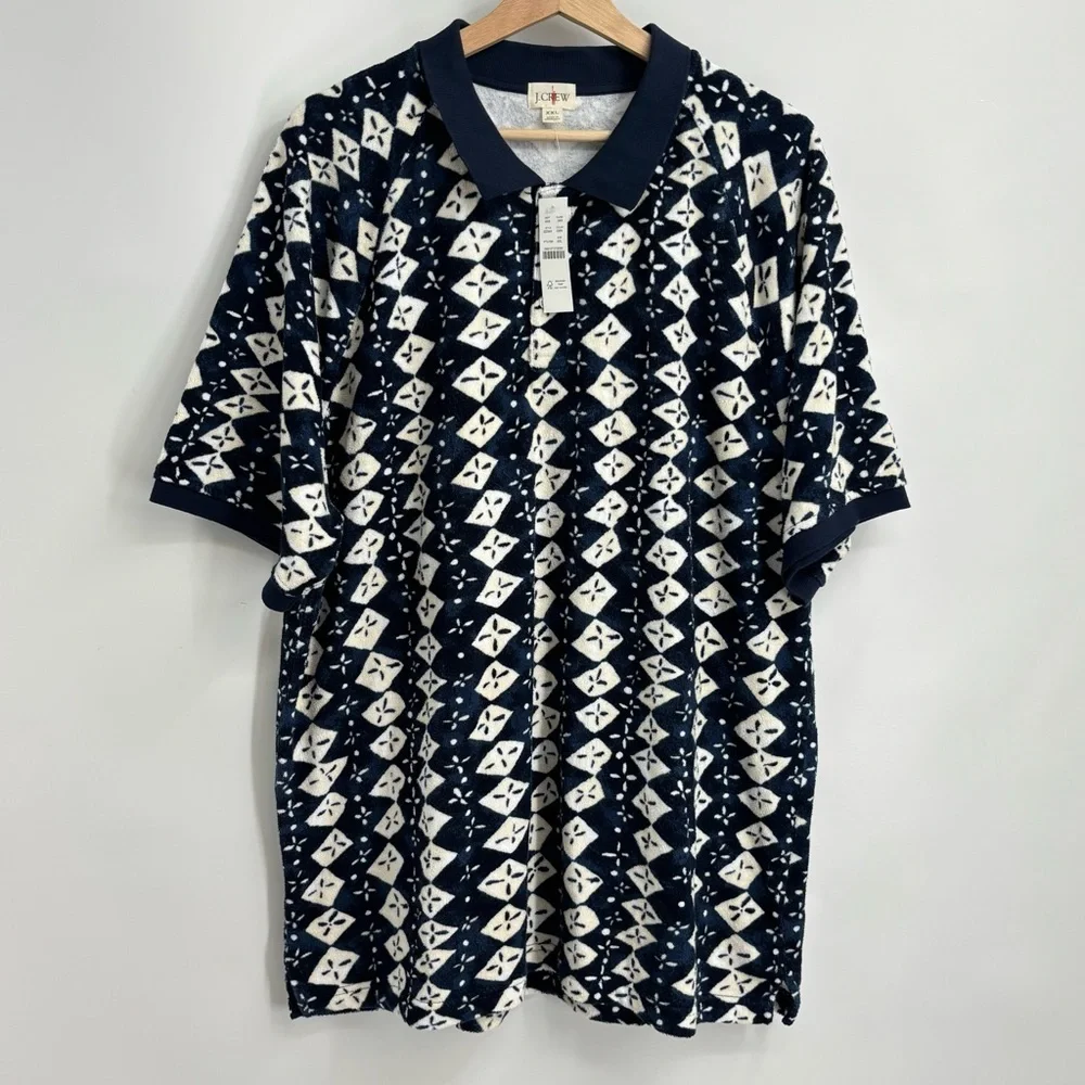 NWT J Crew polo oarsman navy terry cloth deco vacation poolside retro XXL - Picture 2 of 9